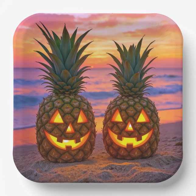 Halloween Pineapple Jack-o-lanterns On a Beach Paper Plate (Front)