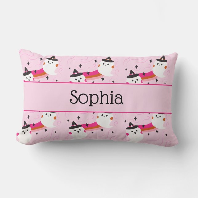 Halloween Pink and Black Ghost Custom Name Lumbar Cushion (Front)