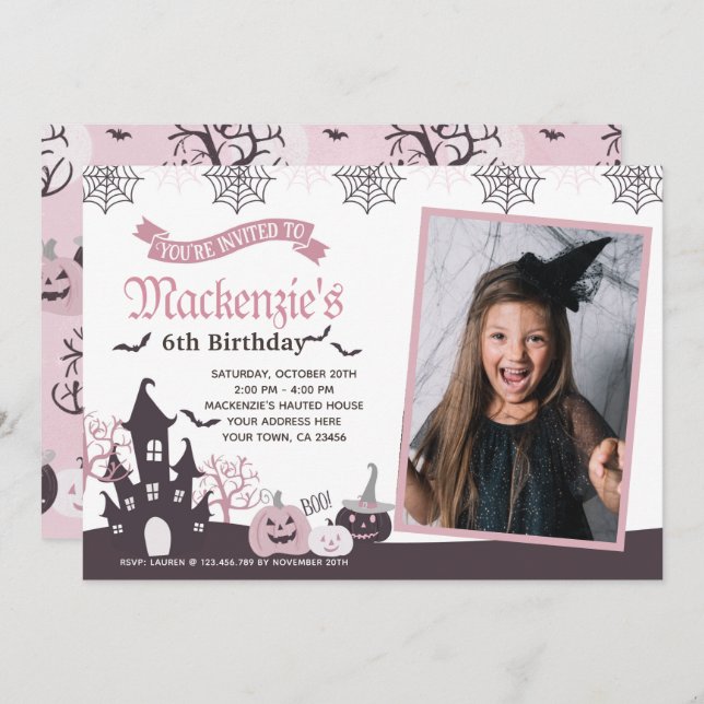 Halloween Pink and Black Invitation with Photo (Front/Back)