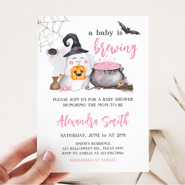 Halloween Pink Baby is Brewing Baby Shower Invitation (Pink Ghost A Baby is Brewing Baby Shower Invitation)