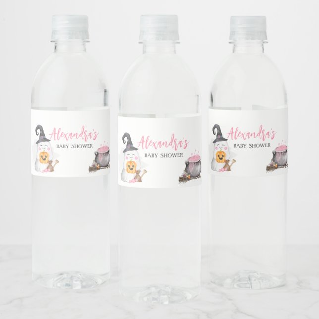 Halloween Pink Baby is Brewing Baby Shower Water Bottle Label (Bottles)