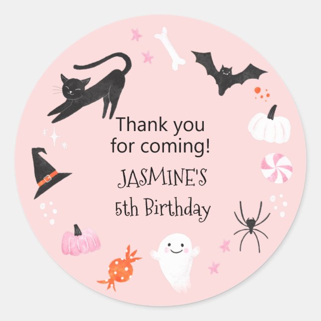 Halloween Pink Birthday Party Favour   Classic Round Sticker (Front)