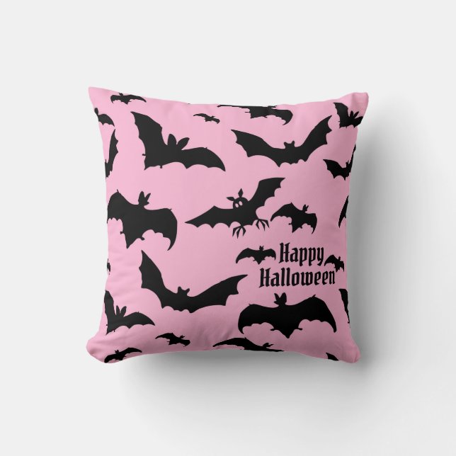 Halloween Pink & Black Bats Cushion (Front)