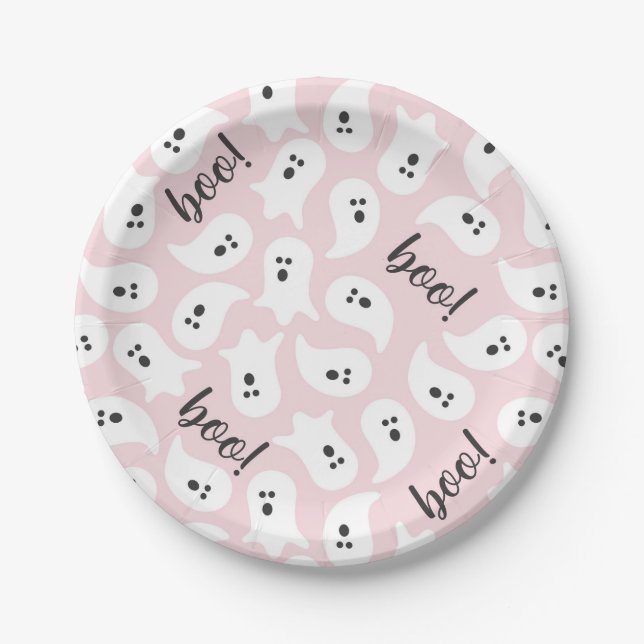 Halloween Pink & Black Ghost Paper Plates (Front)