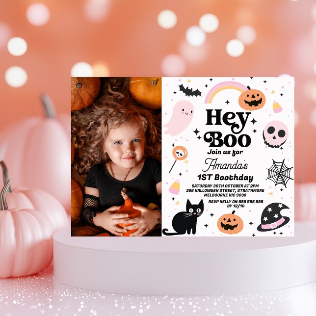 Halloween Pink Black Hey Boo 1st Birthday Invitation (Girls Halloween Hey Boo Birthday Invitation Rainbow Halloween Themed 1st Birthday Invitation Ghost)