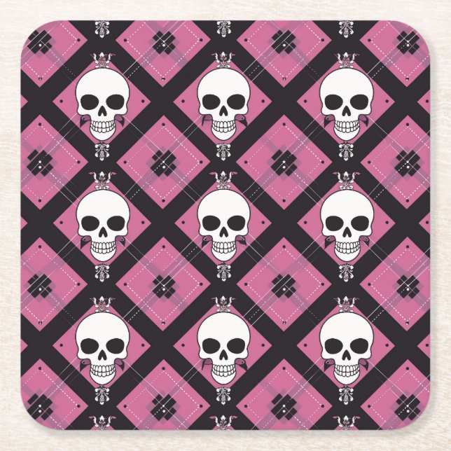 Halloween Pink Cute Scull Chequered  Square Paper Coaster (Front)