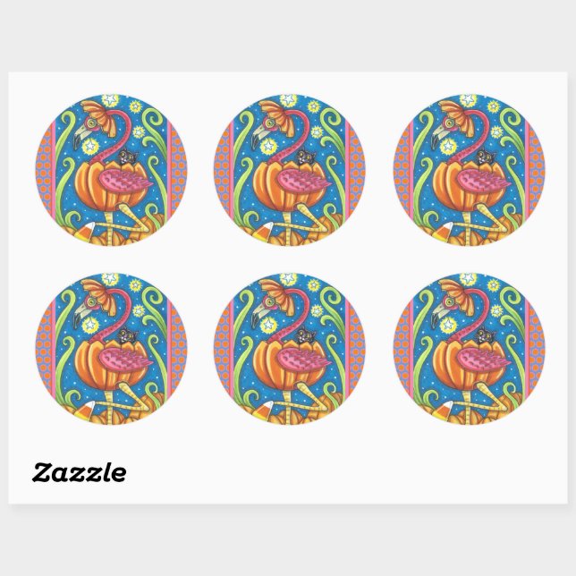 HALLOWEEN PINK FLAMINGO & BLACK CAT IN PUMPKIN CLASSIC ROUND STICKER (Sheet)