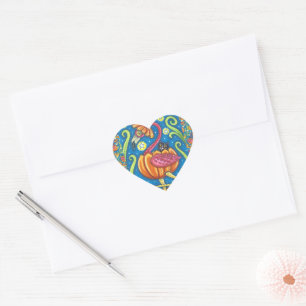 HALLOWEEN PINK FLAMINGO & BLACK CAT IN PUMPKIN HEART STICKER