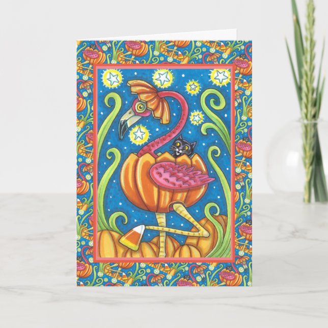 HALLOWEEN PINK FLAMINGO & BLACK CAT IN PUMPKIN HOLIDAY CARD (Front)