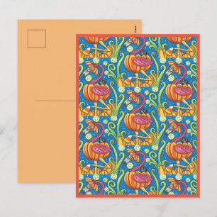 HALLOWEEN PINK FLAMINGO & BLACK CAT IN PUMPKIN HOLIDAY POSTCARD