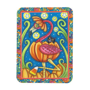 HALLOWEEN PINK FLAMINGO & BLACK CAT IN PUMPKIN MAGNET