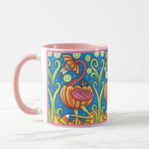 HALLOWEEN PINK FLAMINGO & BLACK CAT IN PUMPKIN MUG