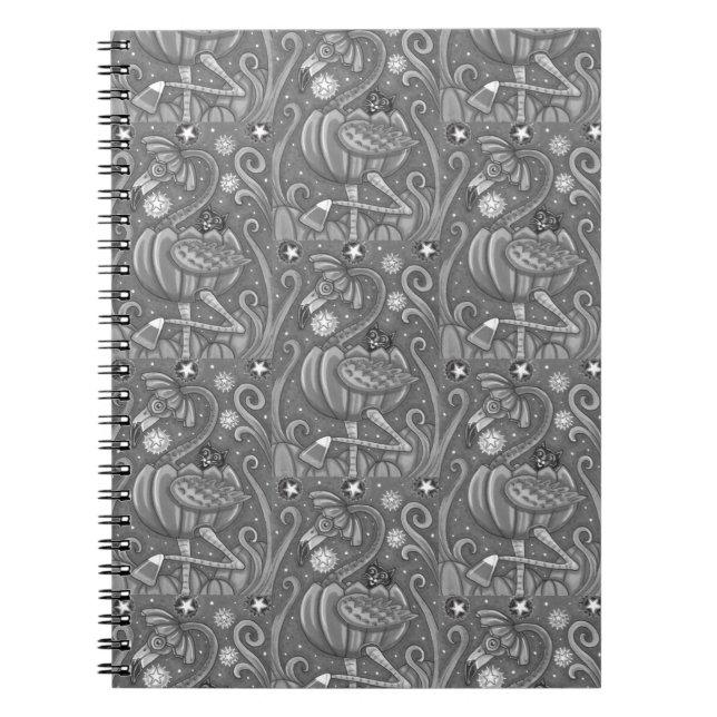 HALLOWEEN PINK FLAMINGO & BLACK CAT IN PUMPKIN, NOTEBOOK (Front)