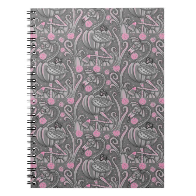 HALLOWEEN PINK FLAMINGO & BLACK CAT IN PUMPKIN, NOTEBOOK (Front)