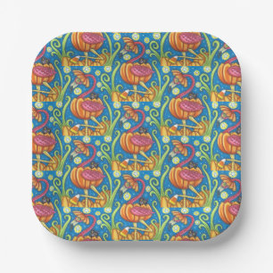 HALLOWEEN PINK FLAMINGO & BLACK CAT IN PUMPKIN PAPER PLATE
