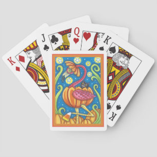 HALLOWEEN PINK FLAMINGO & BLACK CAT IN PUMPKIN PLAYING CARDS