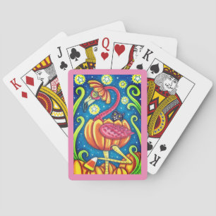 HALLOWEEN PINK FLAMINGO & BLACK CAT IN PUMPKIN PLAYING CARDS