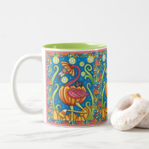 HALLOWEEN PINK FLAMINGO & BLACK CAT IN PUMPKIN Two-Tone COFFEE MUG