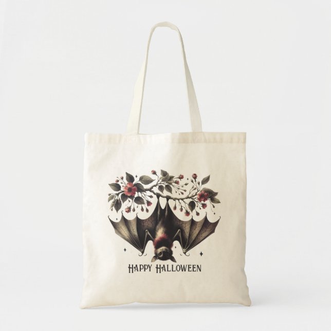Halloween Pink Flowers Evil Bat Green Leaves Tote Bag (Front)