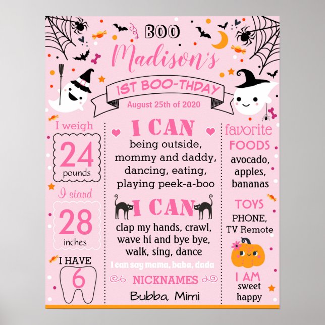 Halloween Pink Ghost Birthday milestone sign (Front)