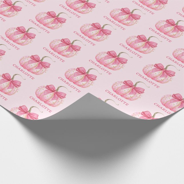 Halloween Pink Pumpkin Coquette Bow Personalised Wrapping Paper (Corner)