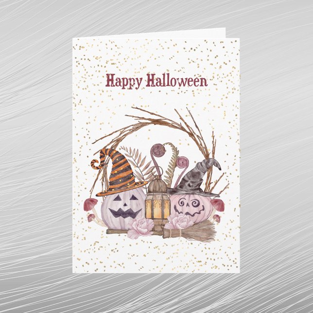 Halloween Pink Pumpkin Lantern Mushroom Floral Card (Creator Uploaded)