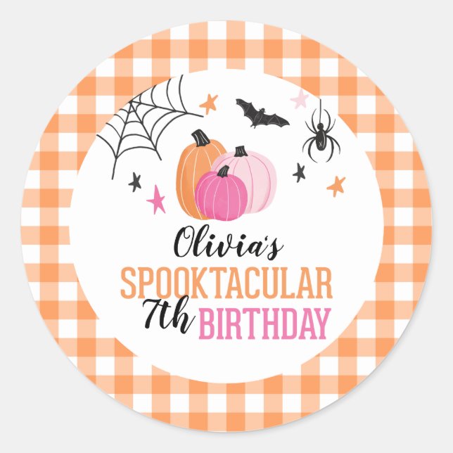 Halloween Pink Pumpkins Orange Plaid Birthday Classic Round Sticker (Front)