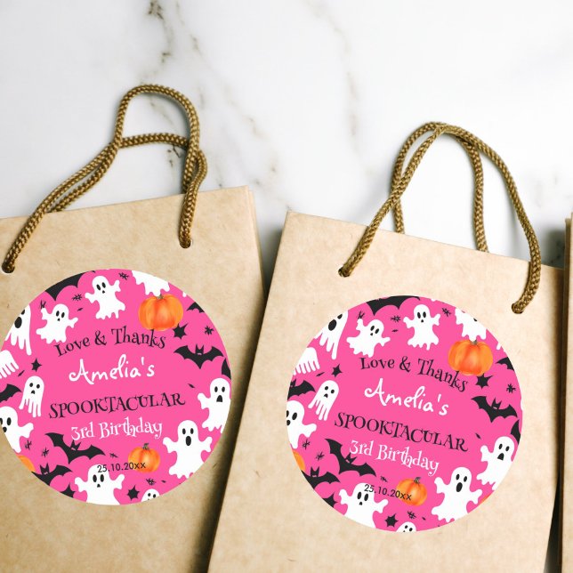 Halloween pink spooky spooktacular birthday party classic round sticker (Halloween pink favor gift thank you stickers cute ghosts bats pumpkins girls Halloween birthday pink)