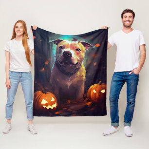 Halloween Pitbull With Pumpkins Scary  Fleece Blanket