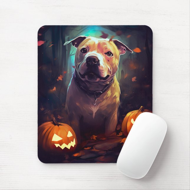 Halloween Pitbull With Pumpkins Scary  Mouse Pad (With Mouse)