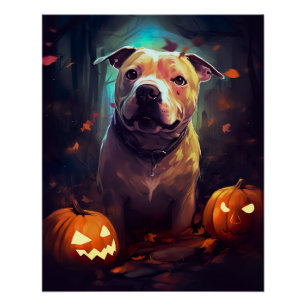 Halloween Pitbull With Pumpkins Scary  Poster