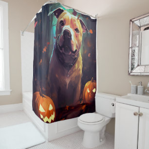 Halloween Pitbull With Pumpkins Scary  Shower Curtain