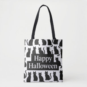Halloween Playful Black and White Cat Pattern Tote Bag