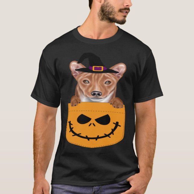Halloween Pocket Basenji Scary Jack O Lantern T-Shirt (Front)