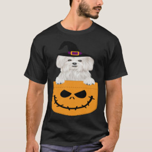 Halloween Pocket Maltese Scary Jack O Lantern T-Shirt
