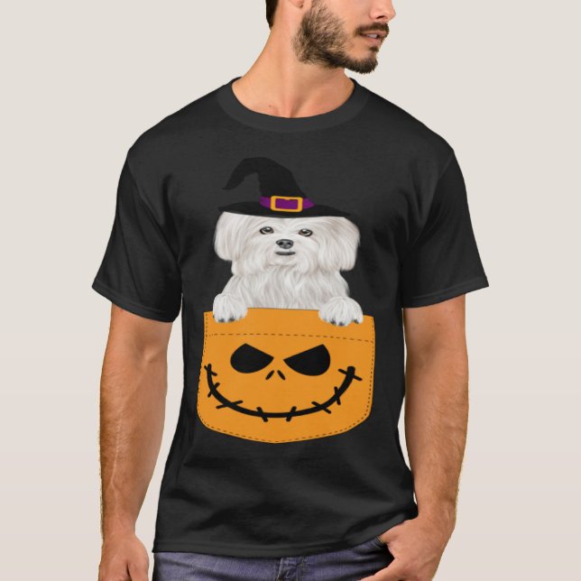 Halloween Pocket Maltese Scary Jack O Lantern T-Shirt (Front)