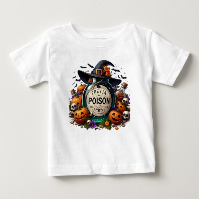 Halloween Poison with Childs Name Baby T-Shirt (Front)