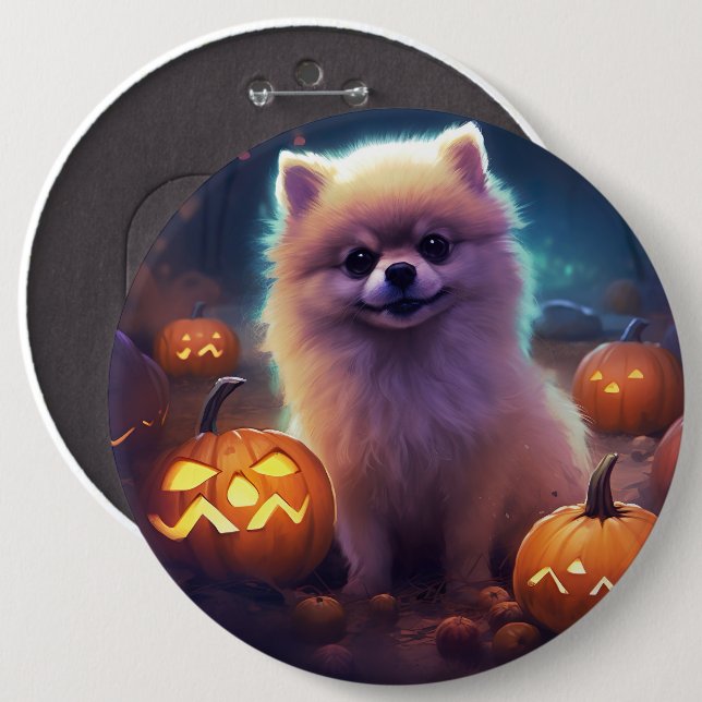 Halloween Pomeranian With Pumpkins Scary  6 Cm Round Badge (Front & Back)