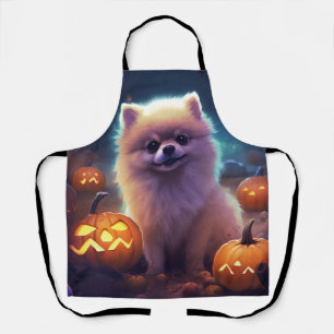 Halloween Pomeranian With Pumpkins Scary  Apron