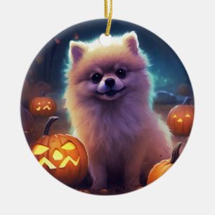 Halloween Pomeranian With Pumpkins Scary  Ceramic Ornament