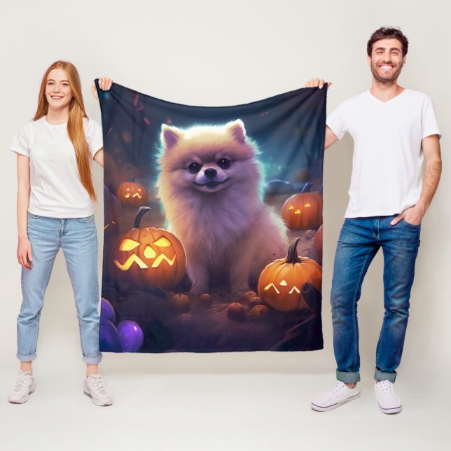 Halloween Pomeranian With Pumpkins Scary  Fleece Blanket (In Situ)