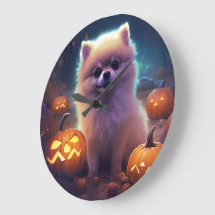 Halloween Pomeranian With Pumpkins Scary  Large Clock