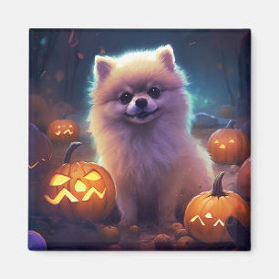 Halloween Pomeranian With Pumpkins Scary Magnet