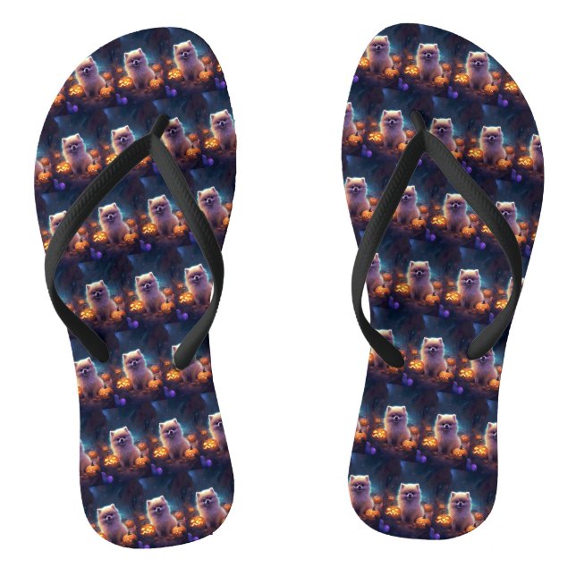 Halloween Pomeranian With Pumpkins Scary  Thongs (Footbed)