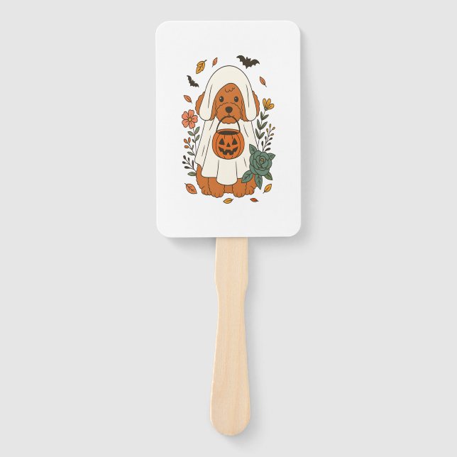 Halloween Poodle with Fall Flowers Hand Fan (Front)