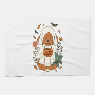 Halloween Poodle with Fall Flowers Tea Towel