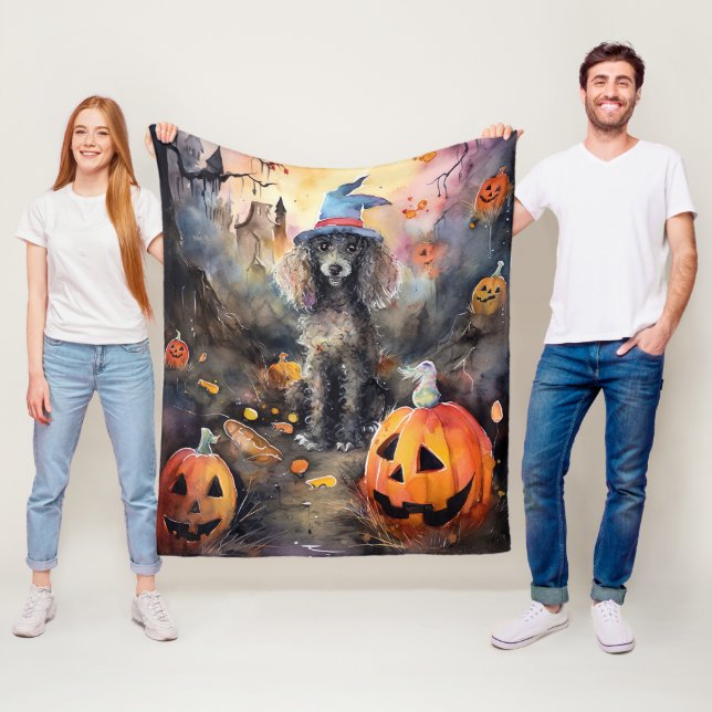  Halloween Poodle With Pumpkins Scary Fleece Blanket (In Situ)