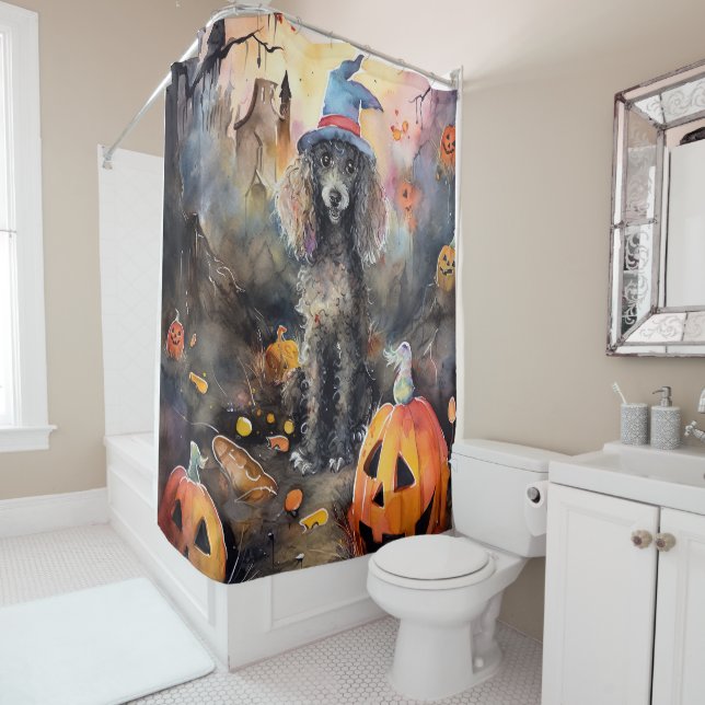  Halloween Poodle With Pumpkins Scary Shower Curtain (In Situ)