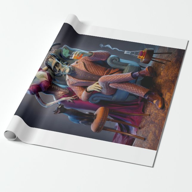 Halloween Portrait, A Monster & His Bride  Wrapping Paper (Unrolled)