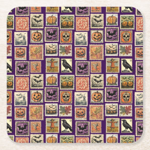 Halloween Postage-Stamp Pattern Pillowcase Square Paper Coaster